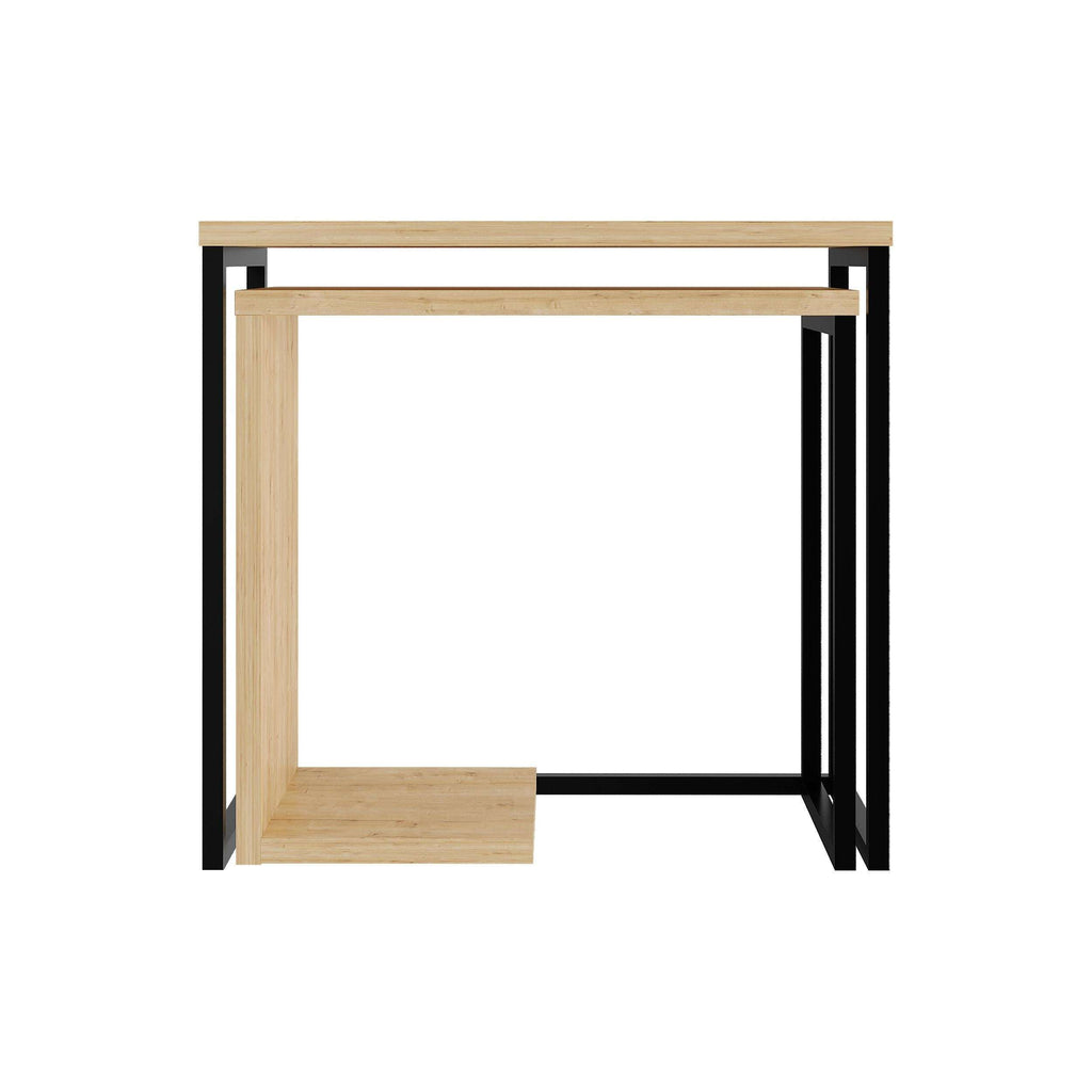Light oak nesting side table with black frame, open base and wood drawer-style front.