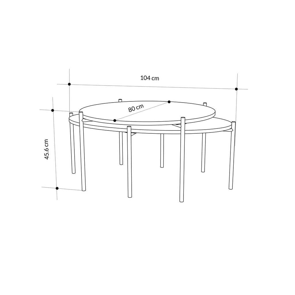 Line drawing of round and oval coffee table set with size measurements.