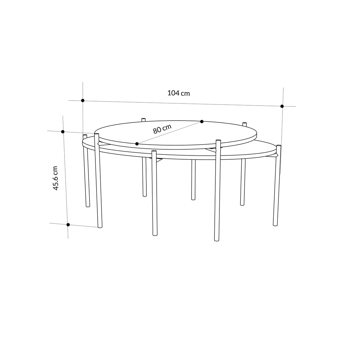 Line drawing of round and oval coffee table set with size measurements.