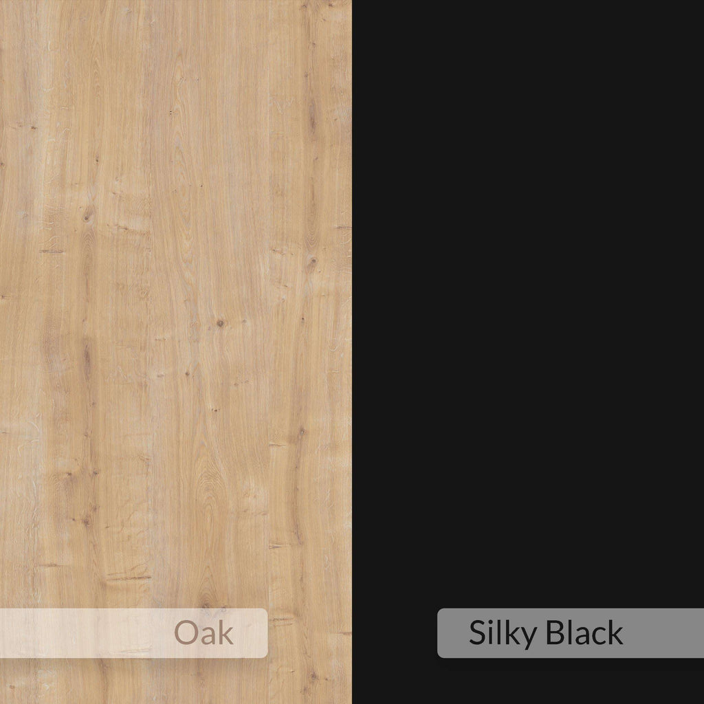 Coffee table set color options: Oak wood finish and Silky Black tone sample