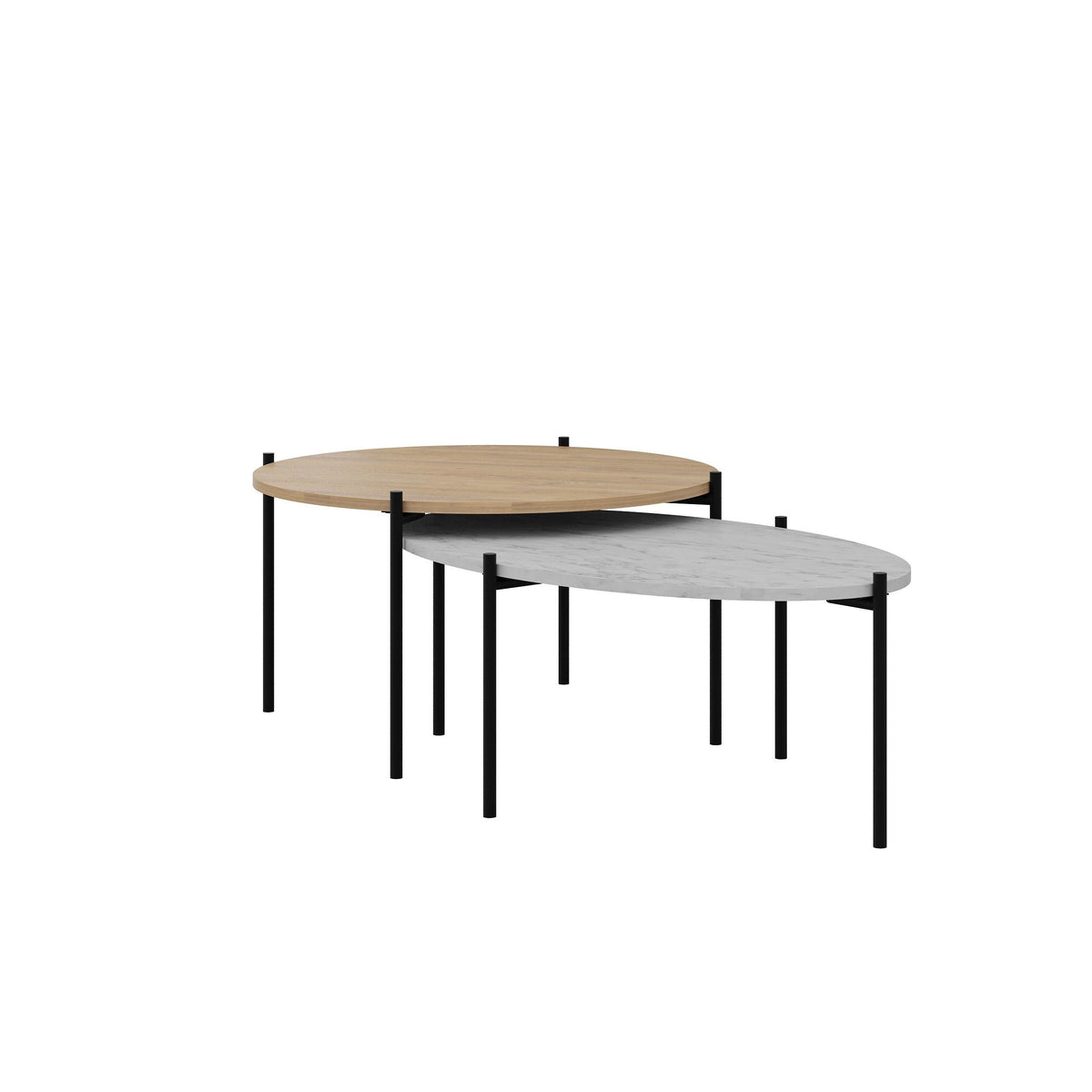 Nesting round and oval coffee tables with light wood top and gray marble-look top on black legs
