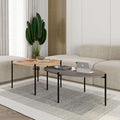 Round and oval coffee table set with light wood top, dark top, and black metal legs