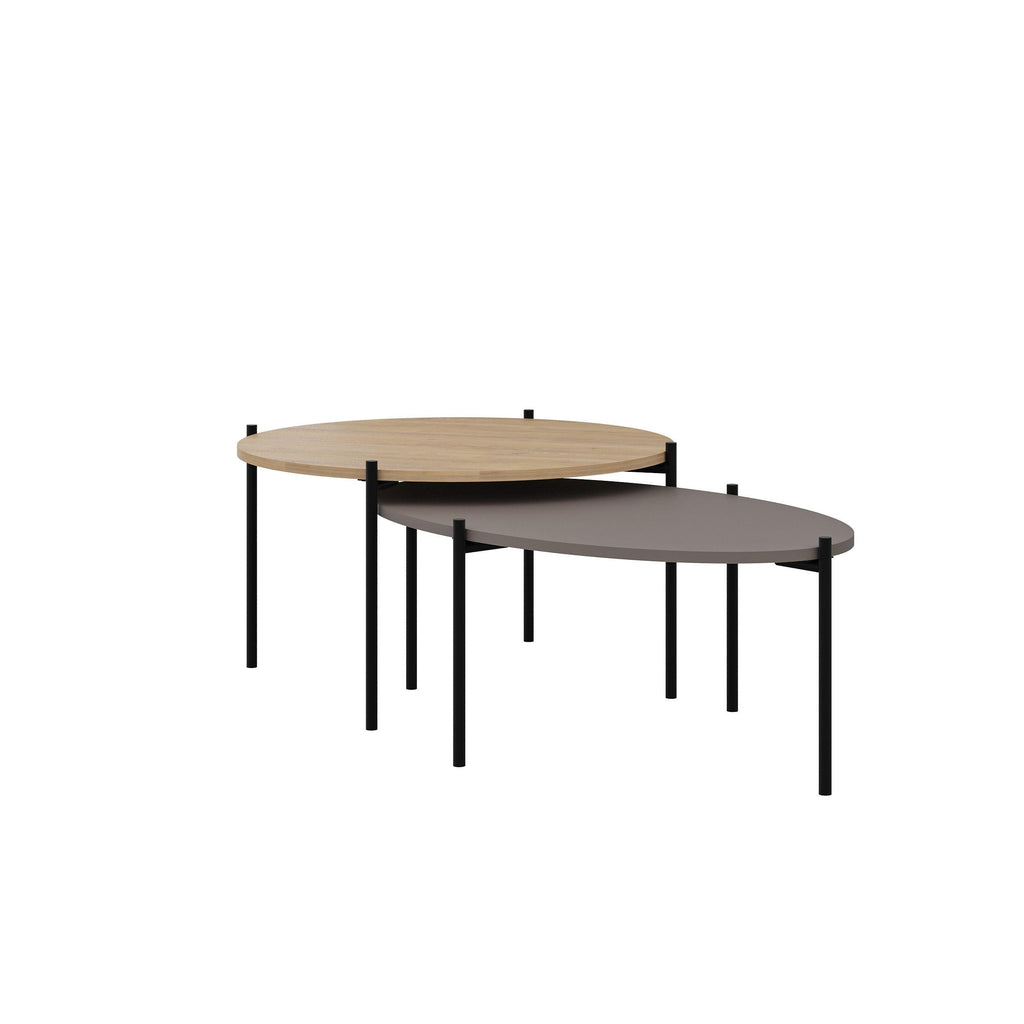 Nesting round and oval coffee tables with light wood top and gray top on black legs