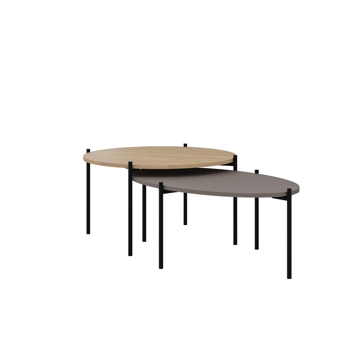 Nesting round and oval coffee tables with light wood top and gray top on black legs