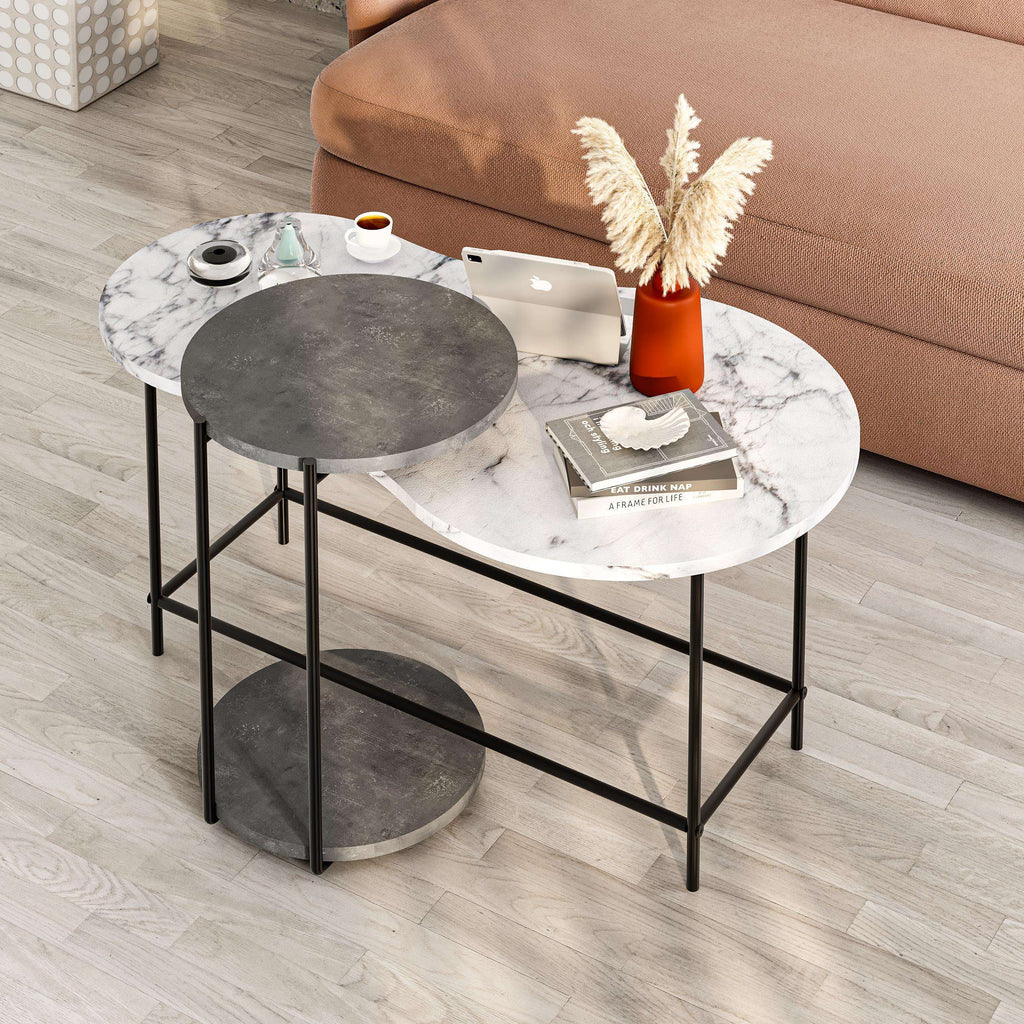 Nested coffee table set with white marble-look round top, dark grey circle, black metal frame