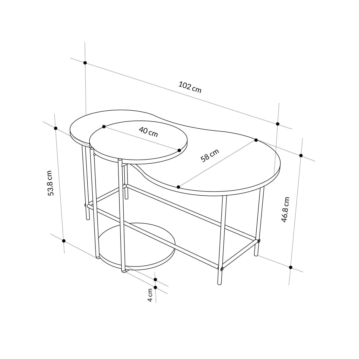 Coffee table size diagram with dimensions in cm for the nested set
