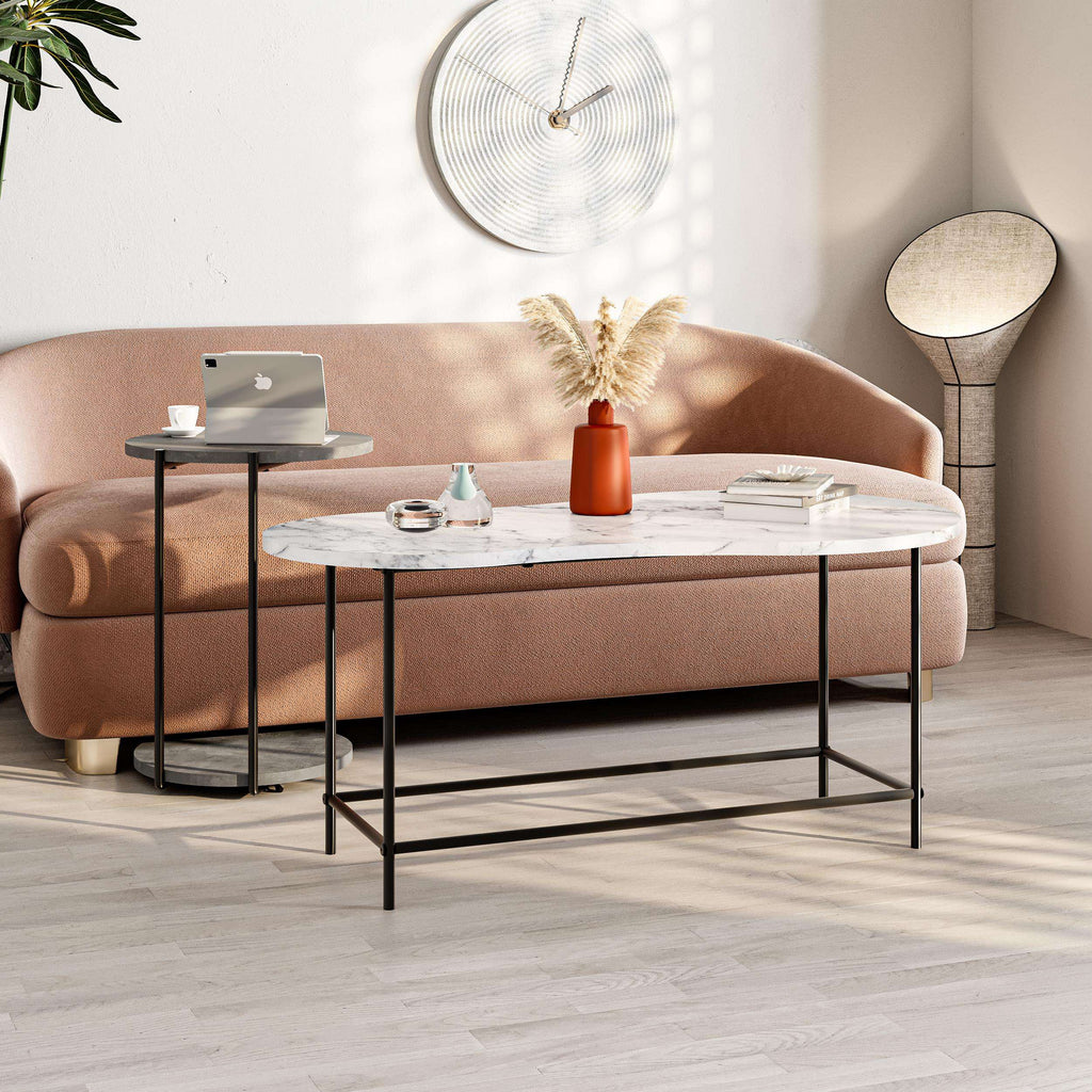 Two-piece round nesting coffee table set with marble-effect top and black metal base