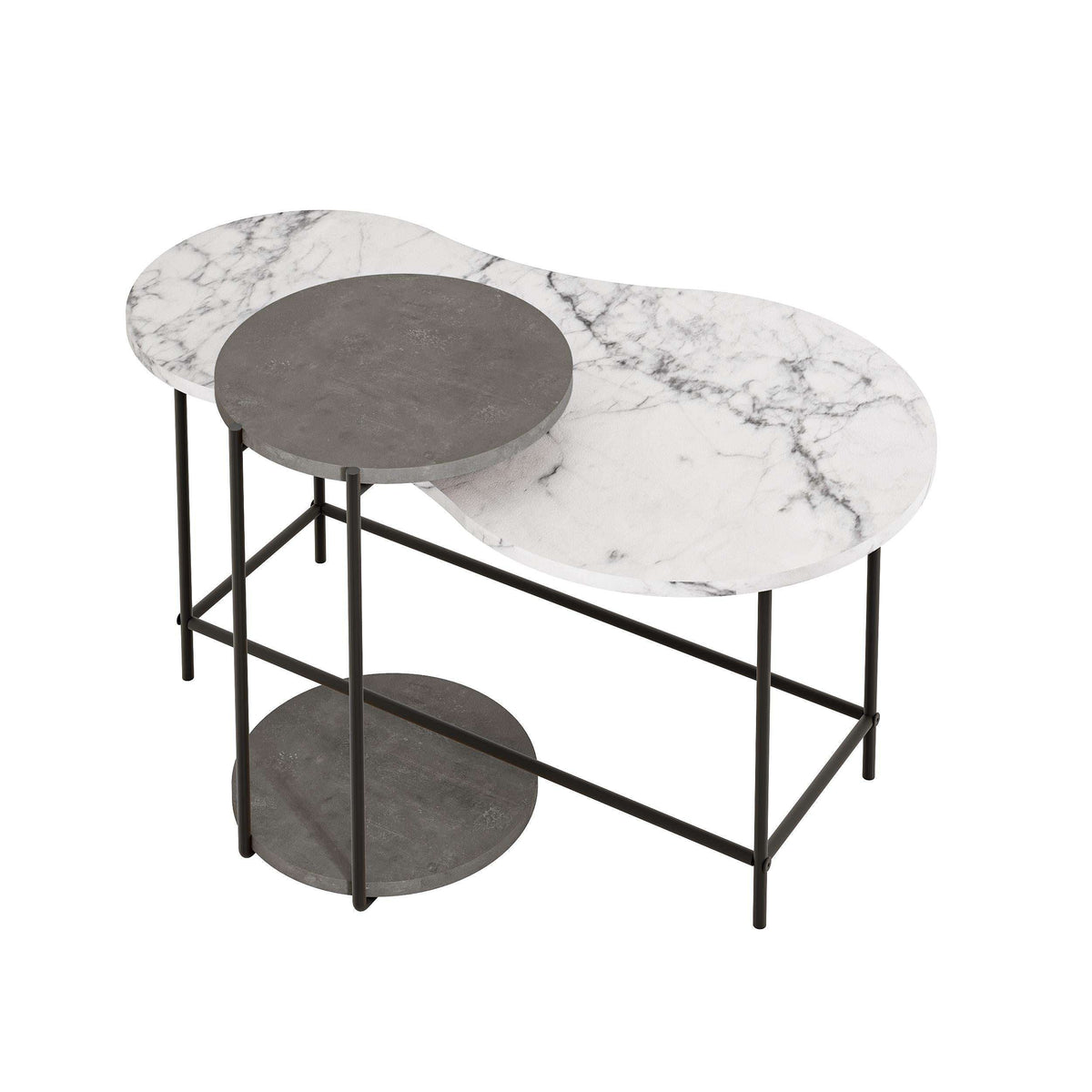 Nested coffee table set with white marble-look top, dark grey round top, black metal legs