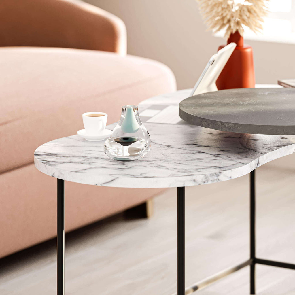 Marble-effect round nesting coffee table set with black metal legs and dark top