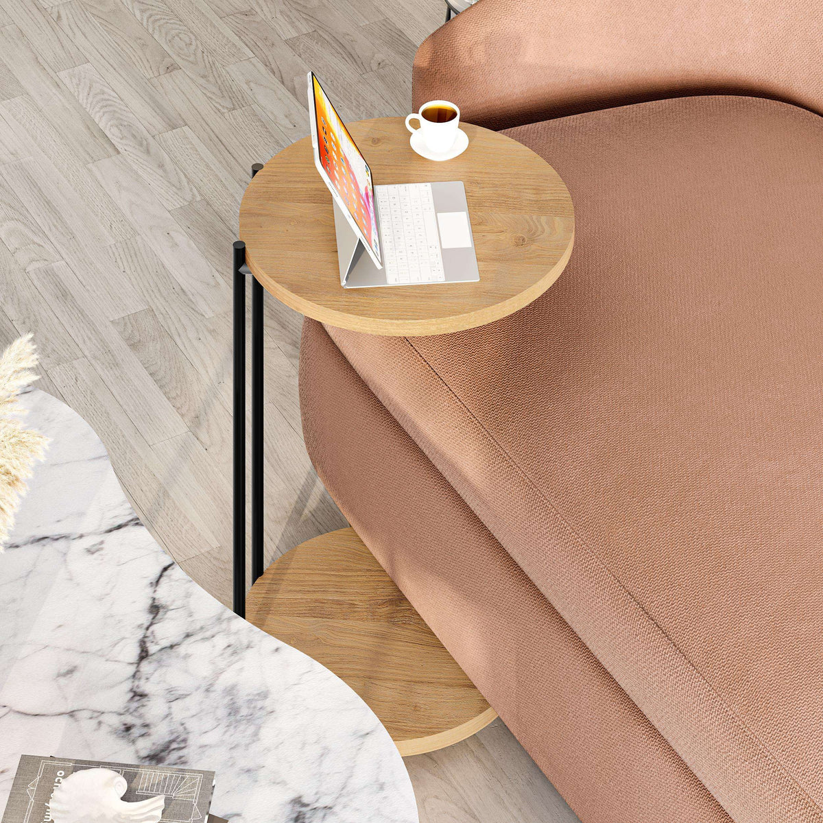 Nested coffee table set with light wood oval top, marble insert, black metal frame