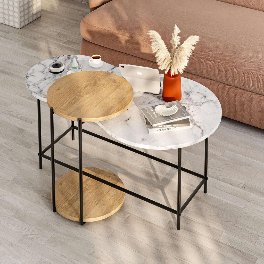 Modern 2-piece nested coffee table set with white marble top and round wood side table
