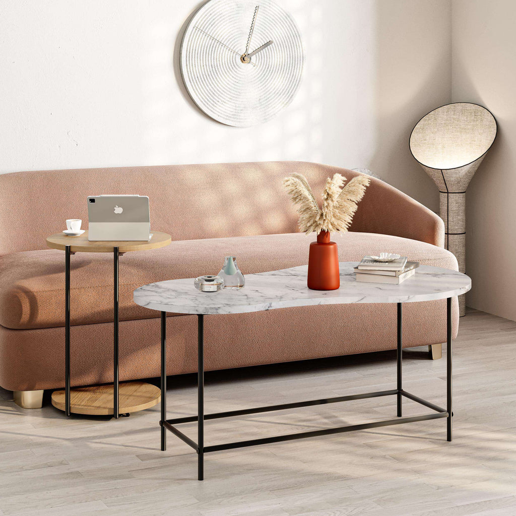 Marble oval coffee table with black metal frame and nested wood side table