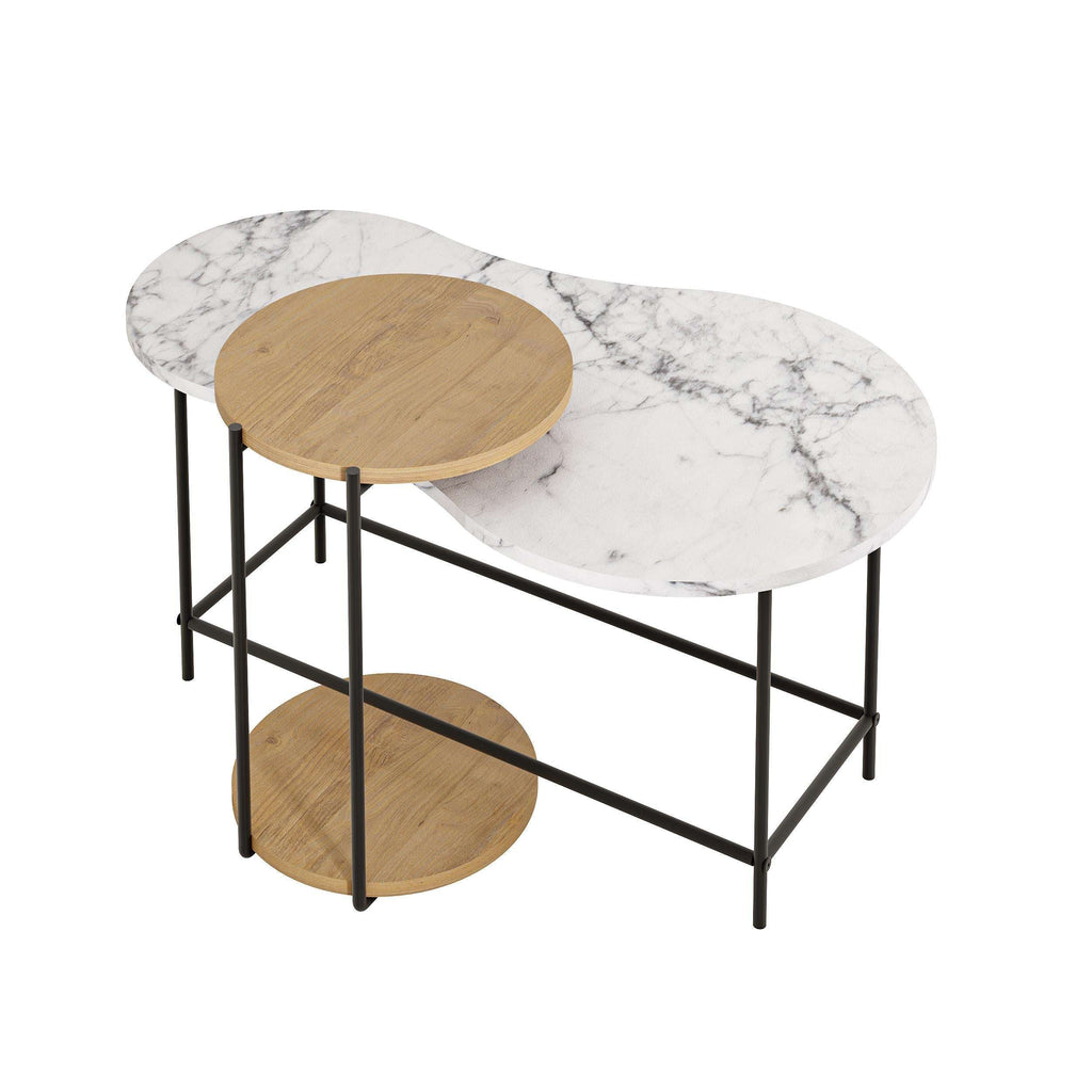 Modern nested coffee table set with white marble oval top and round wood accents, black metal