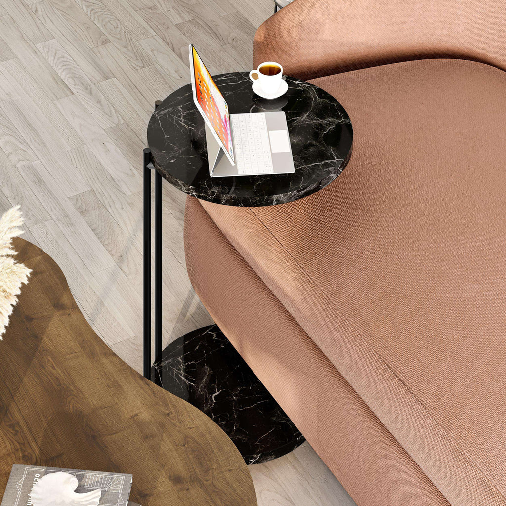 Nested coffee table set with dark marble oval top and round wood side surface, black frame