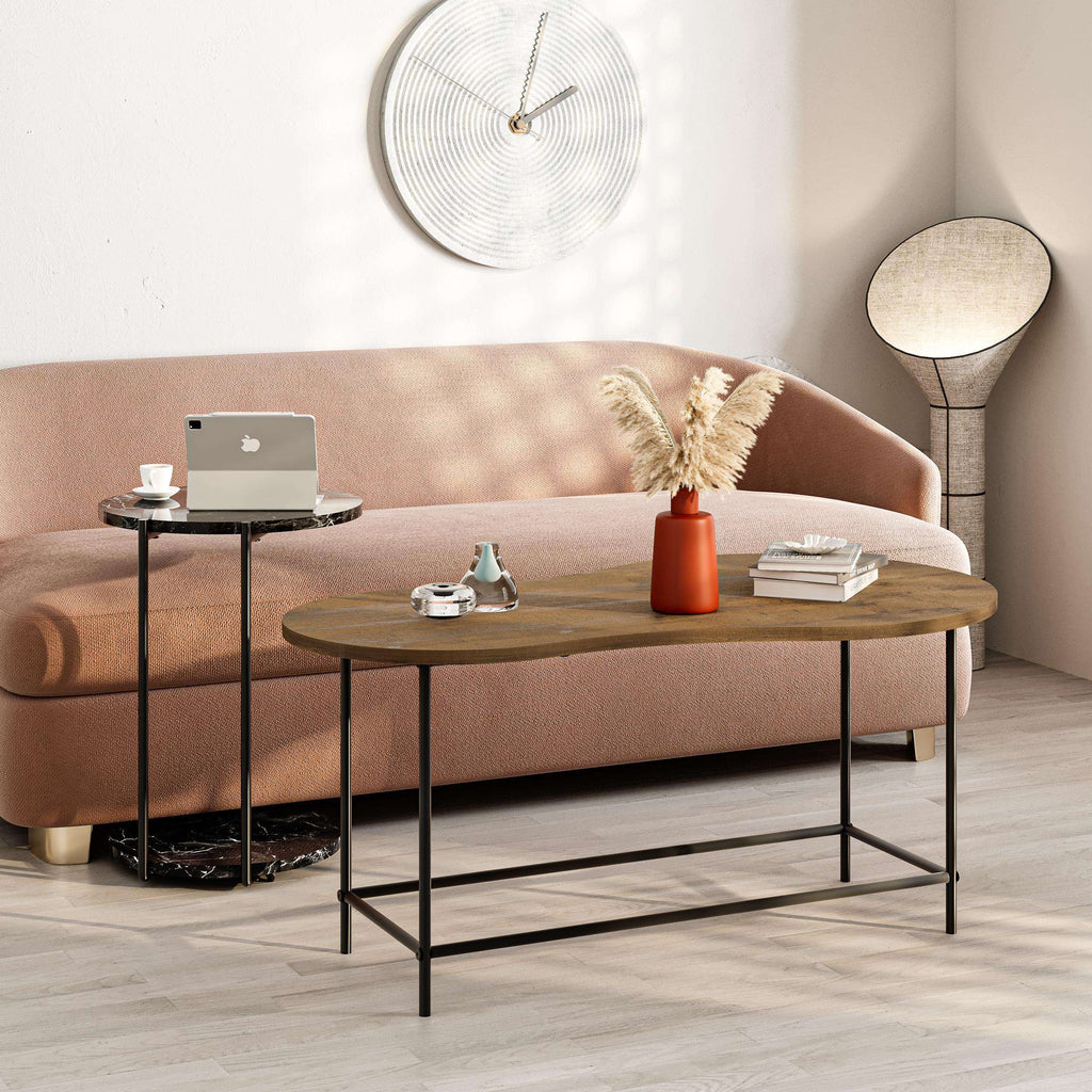 Round nested coffee table set with dark marble-look surface and slim black legs