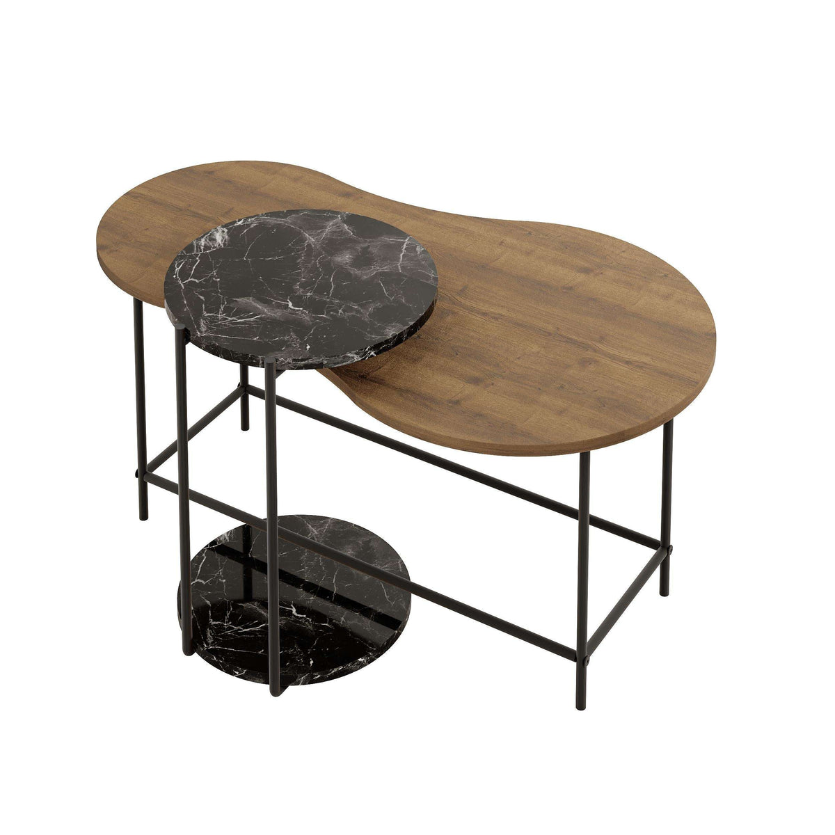 Nested coffee table set with dark marble oval top and wood oval base, black metal frame