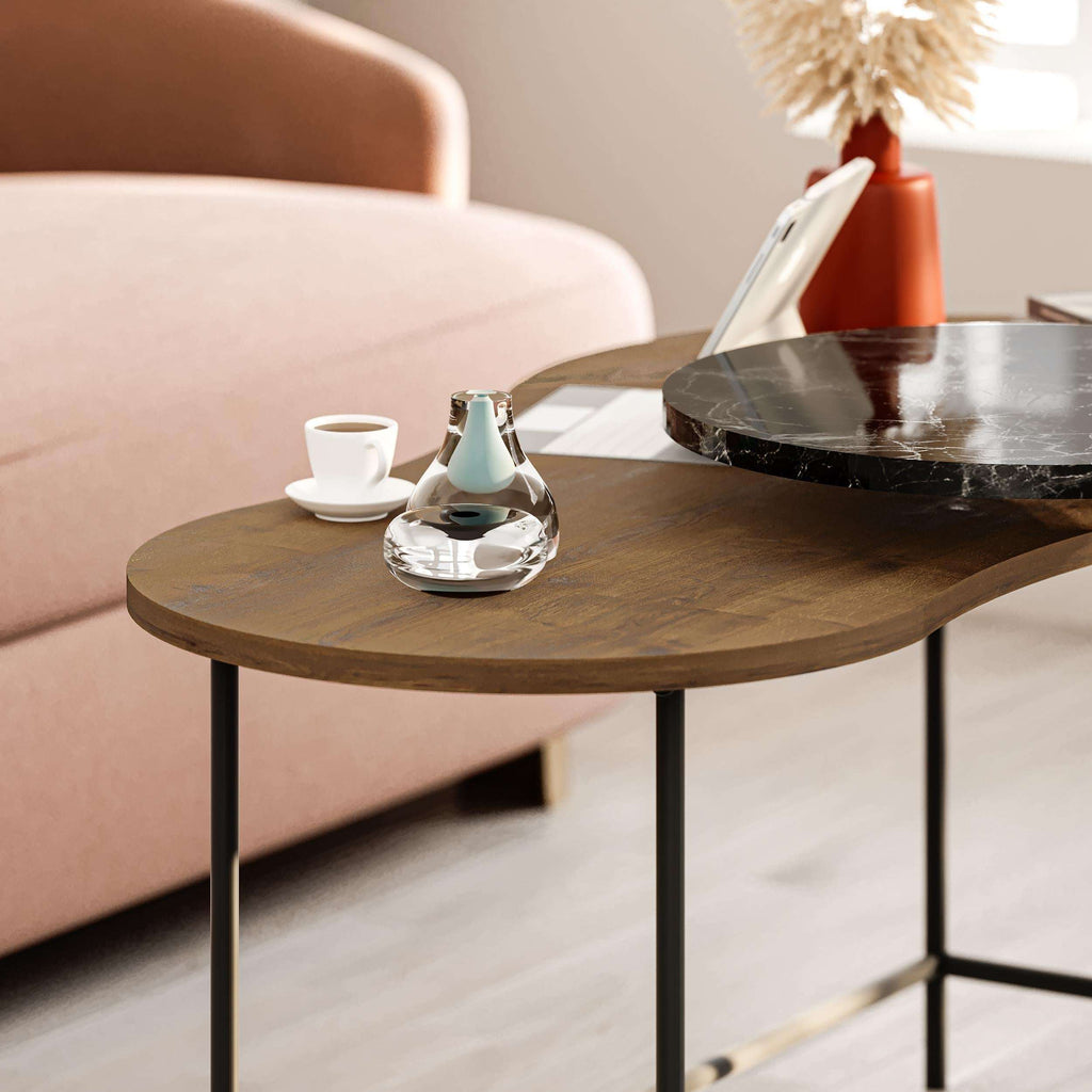 Dark marble oval coffee table top on black metal frame with wood nested table