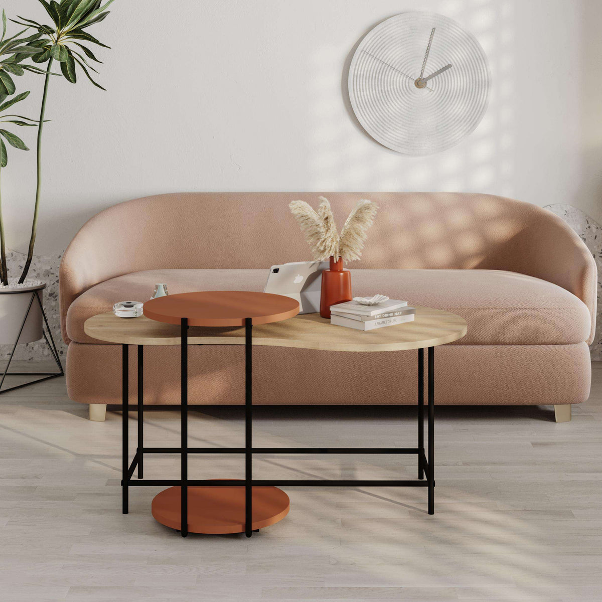 2-piece nesting coffee table set with warm wood top, black frame, and matching side table