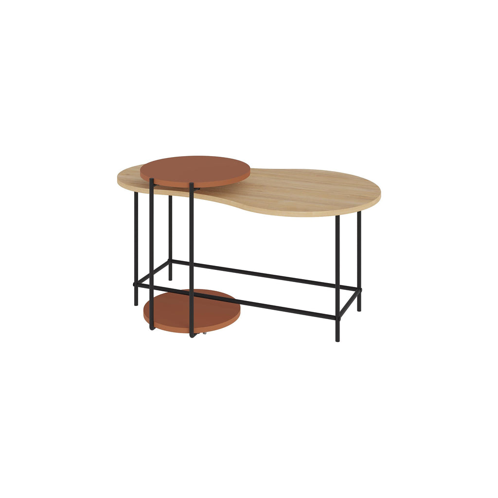 Modern 2-piece nesting coffee table set with wood tabletop and brown metal frame