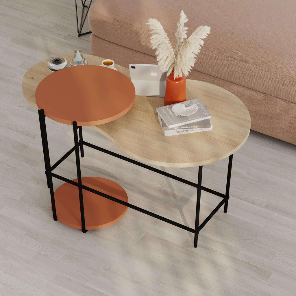 Nested coffee table set with light wood round top, orange circle tops, black metal frame