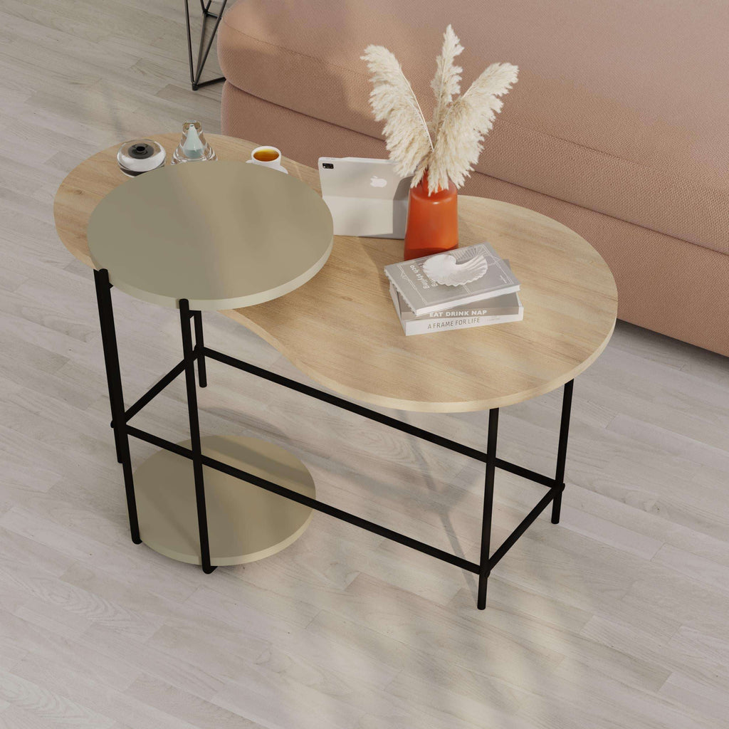 Round nesting coffee table set with light wood top, green small table, and black frame