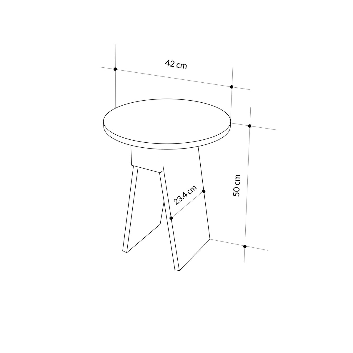 Round side table dimensions: 42 cm top diameter, 50 cm height, 23.4 cm leg width