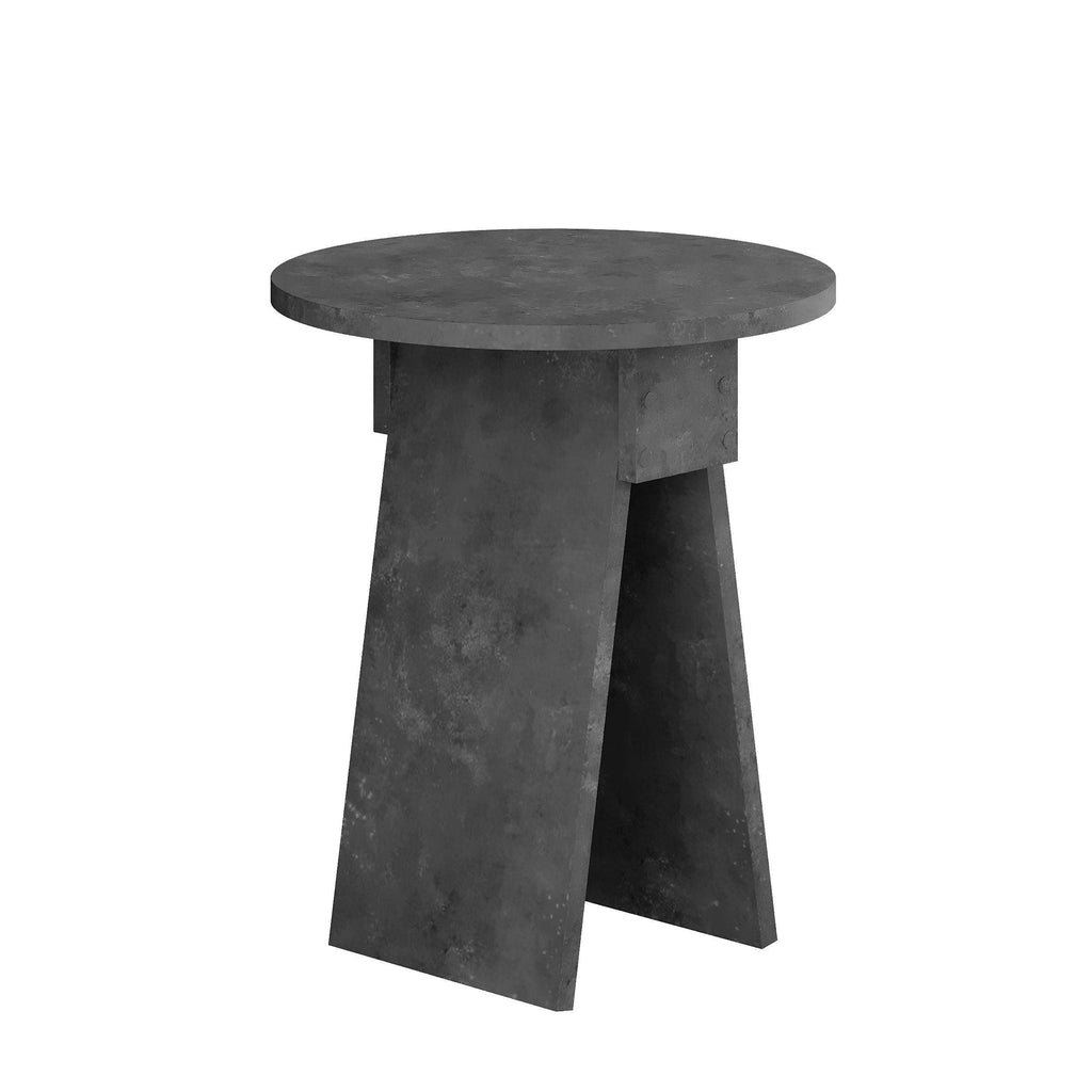 Dark grey round side table with stone-look top and tapered four-leg base