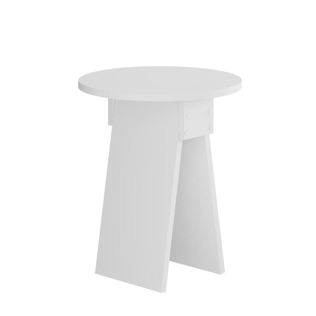 Modern round side table with white tabletop and tapered pedestal legs