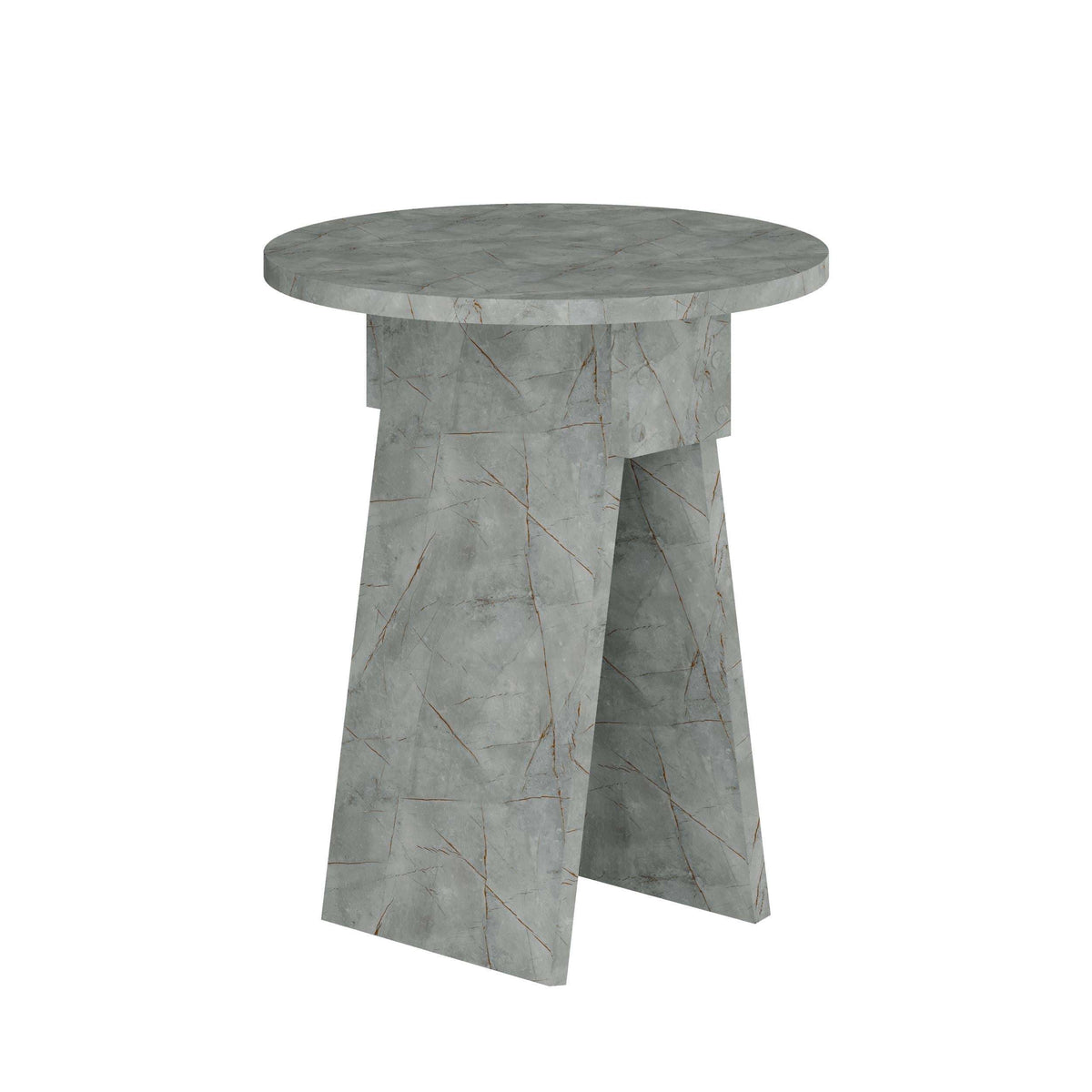 Light grey round side table with marble-look veining and tapered four-leg base