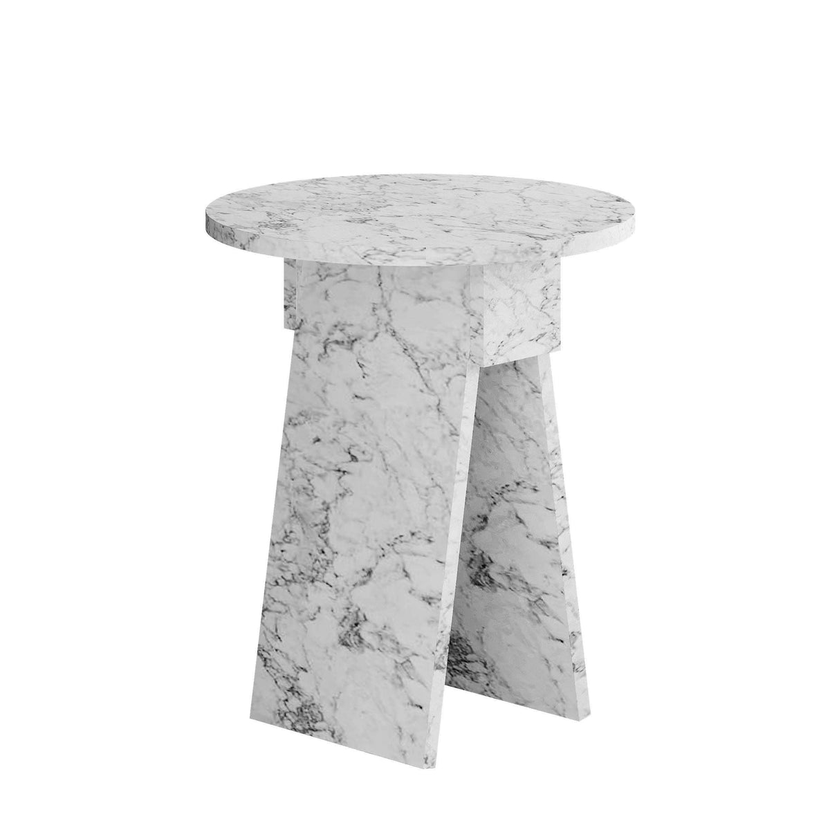 White marble-look round side table with veined top and tapered square legs