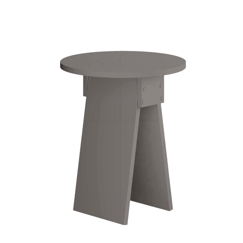 Modern round side table with dark grey tabletop and four-sided pedestal base