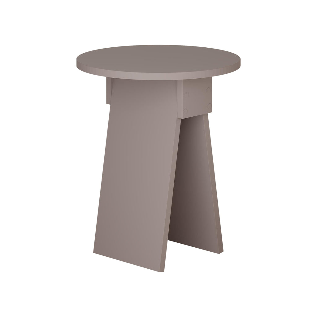 Modern round side table with dark grey tabletop and tapered pedestal legs