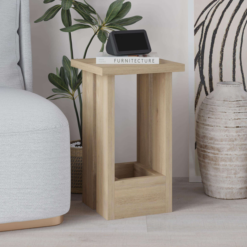 Light wood side table with open lower compartment and flat top