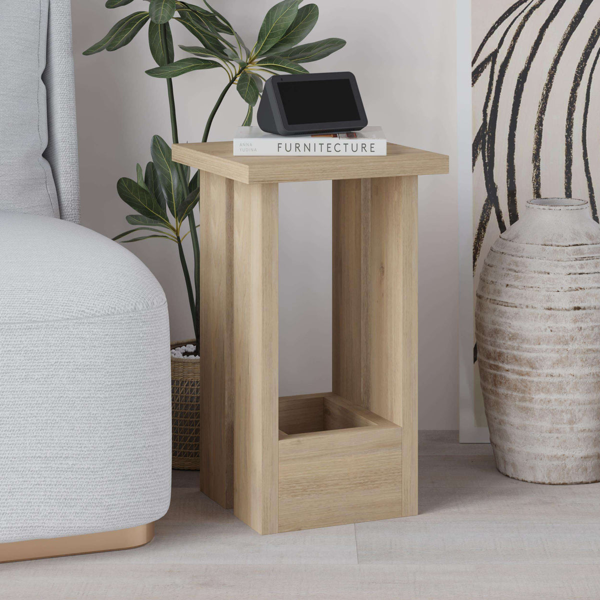 Light wood side table with open lower compartment and flat top