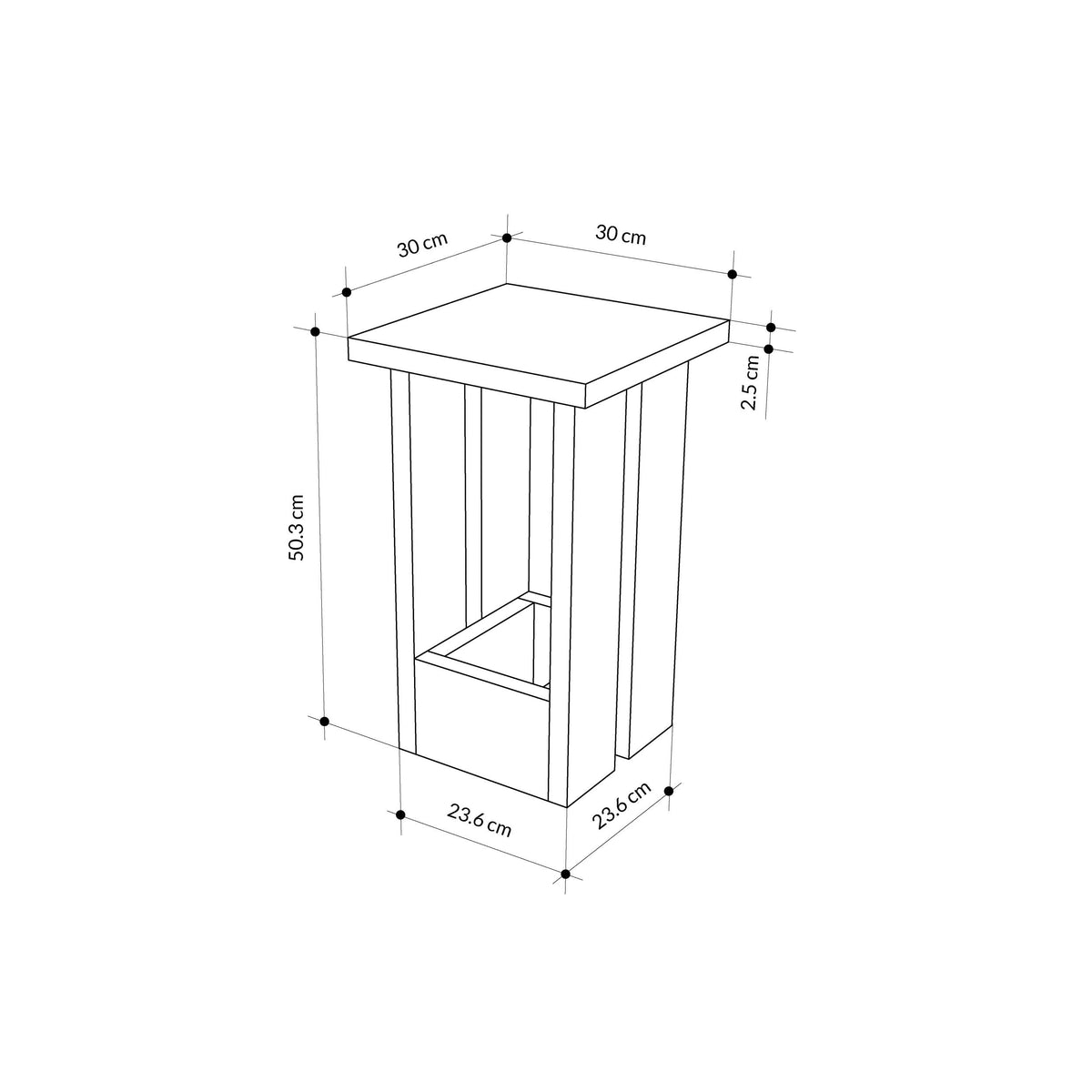 Side table size diagram with dimensions and angled top view