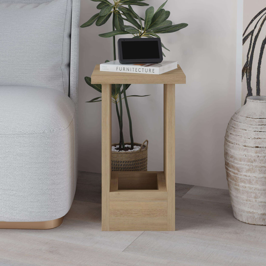 Light wood bedside side table with open shelf and top surface