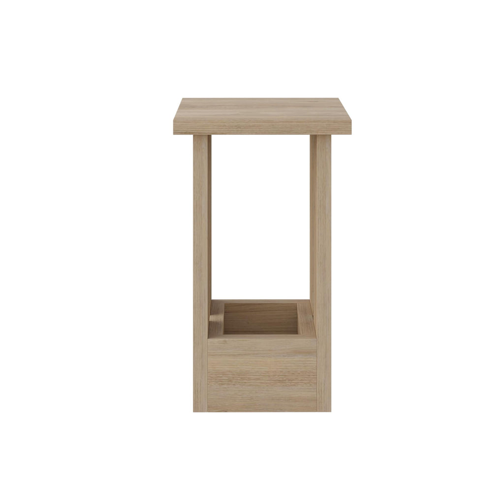 Rectangular light wood side table with open lower shelf and solid top