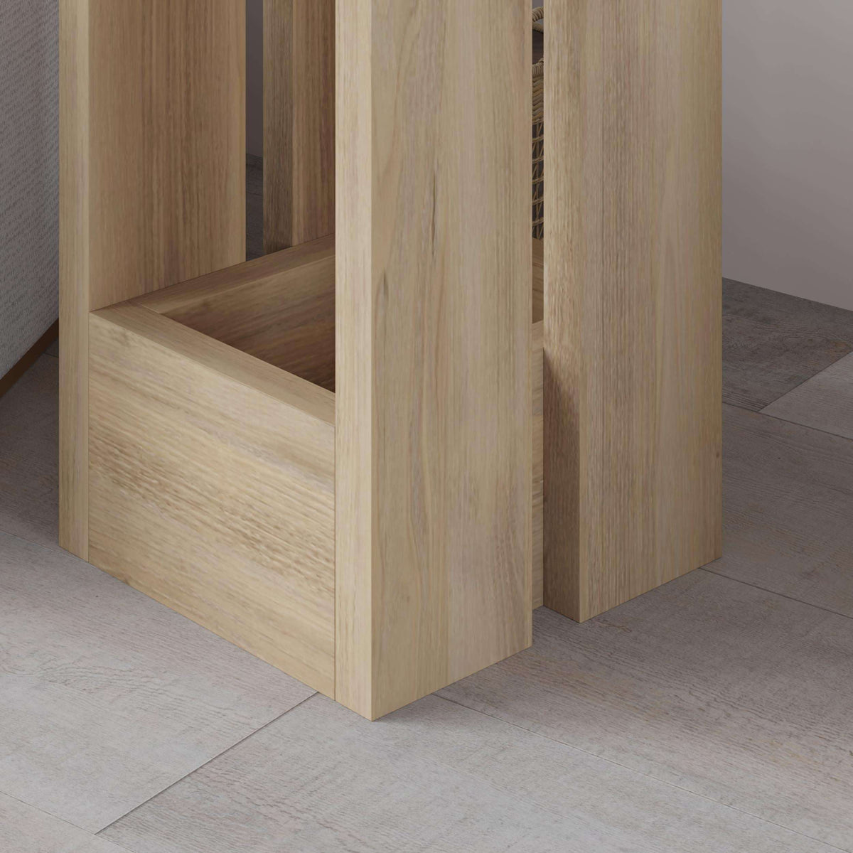 Close-up of wood side table corner showing open shelf and sturdy legs