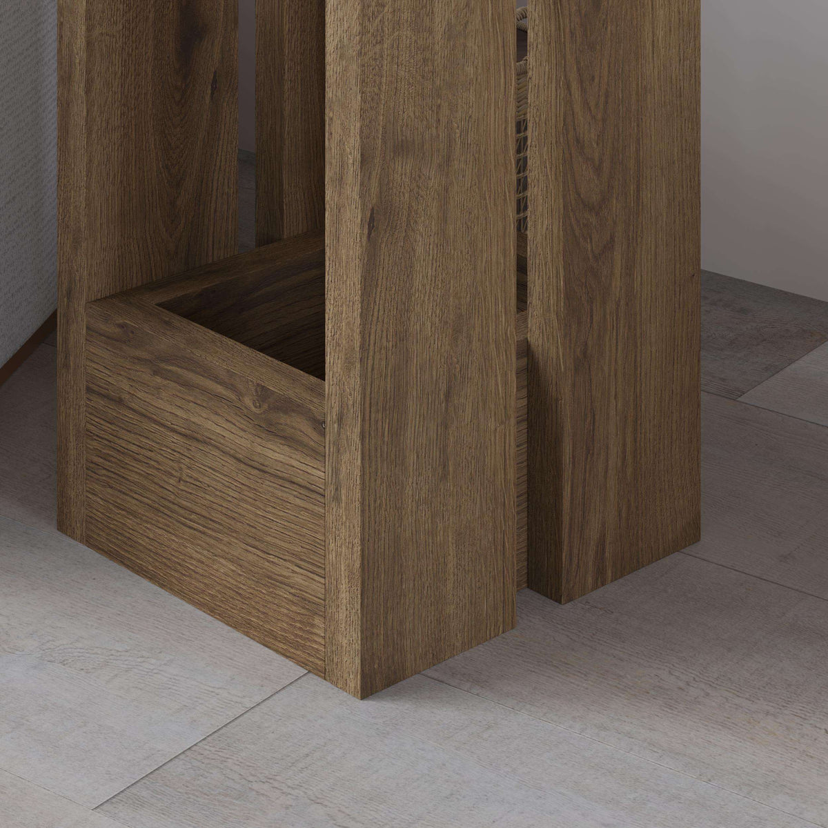 Dark wood compact side table with open shelf and angled lower frame detail