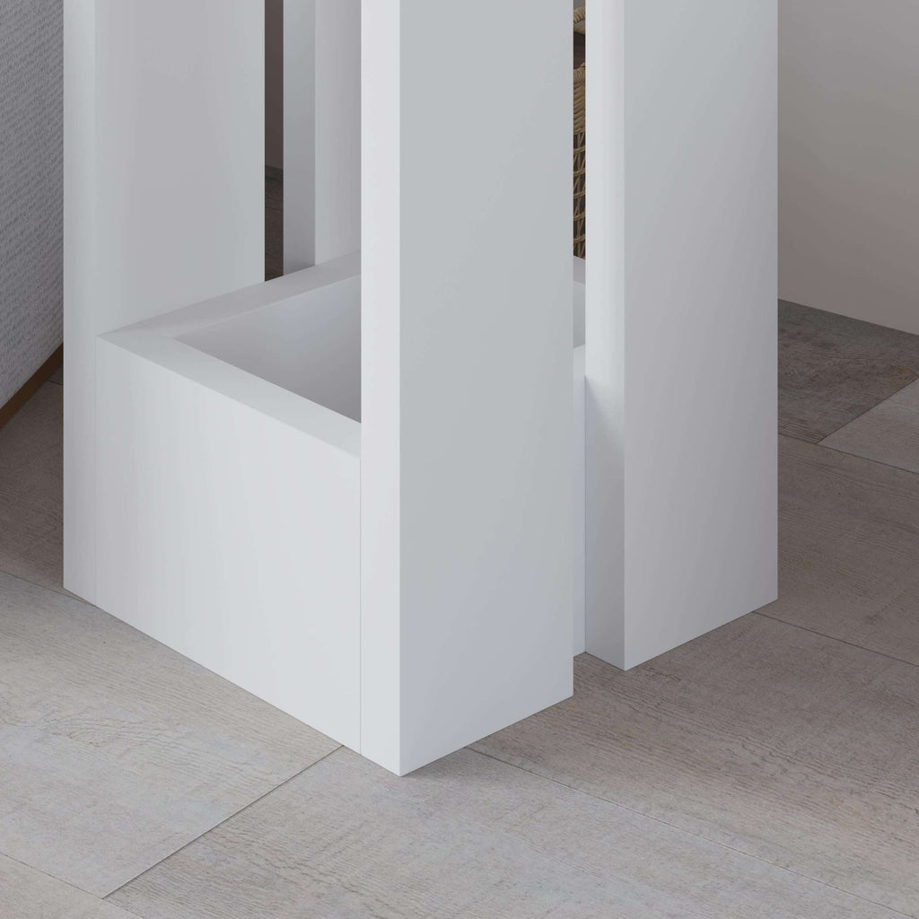 White compact side table corner view with open shelf and straight panel edges