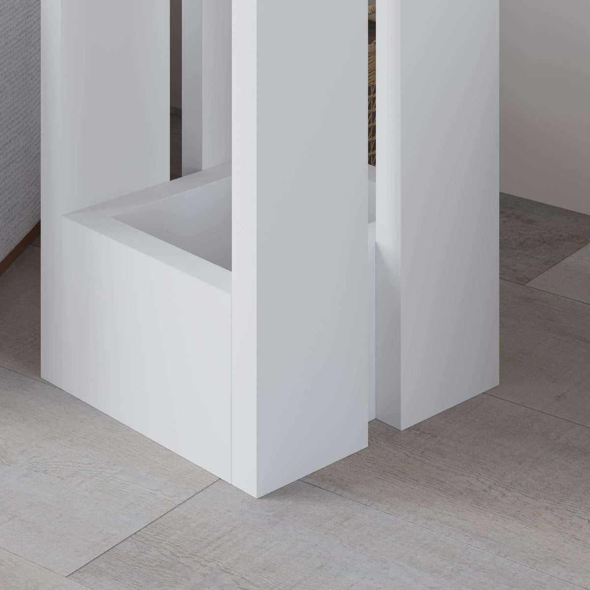 White compact side table corner view with open shelf and straight panel edges