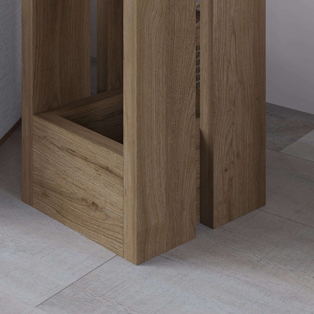 Light wood compact side table side view with open lower shelf and sturdy legs