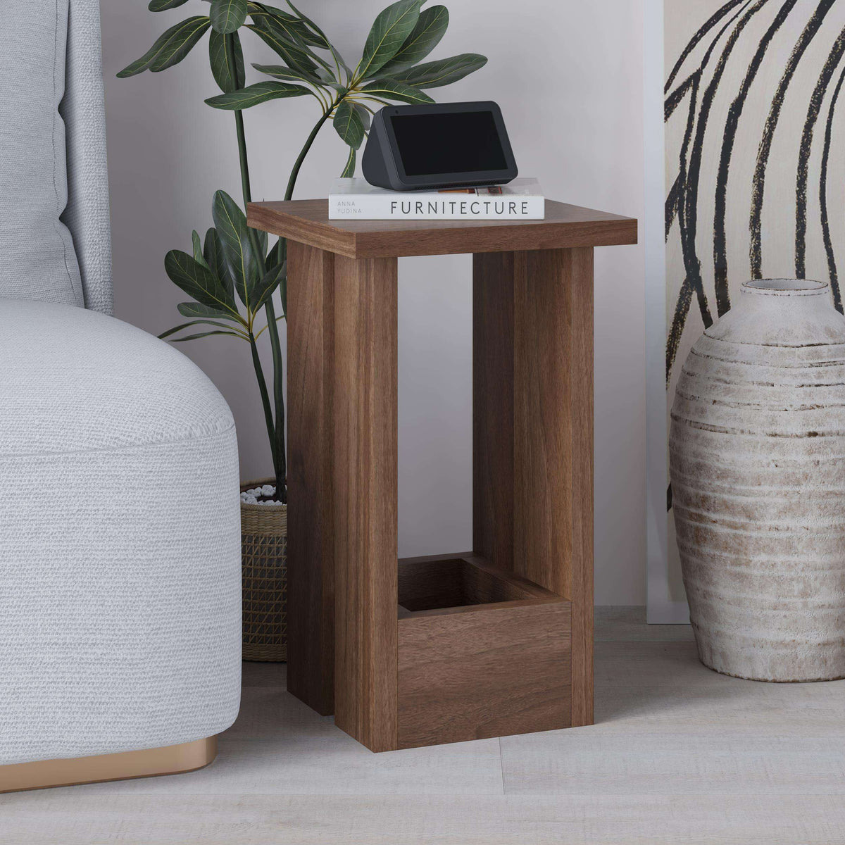 Compact wood side table with top surface and open lower shelf