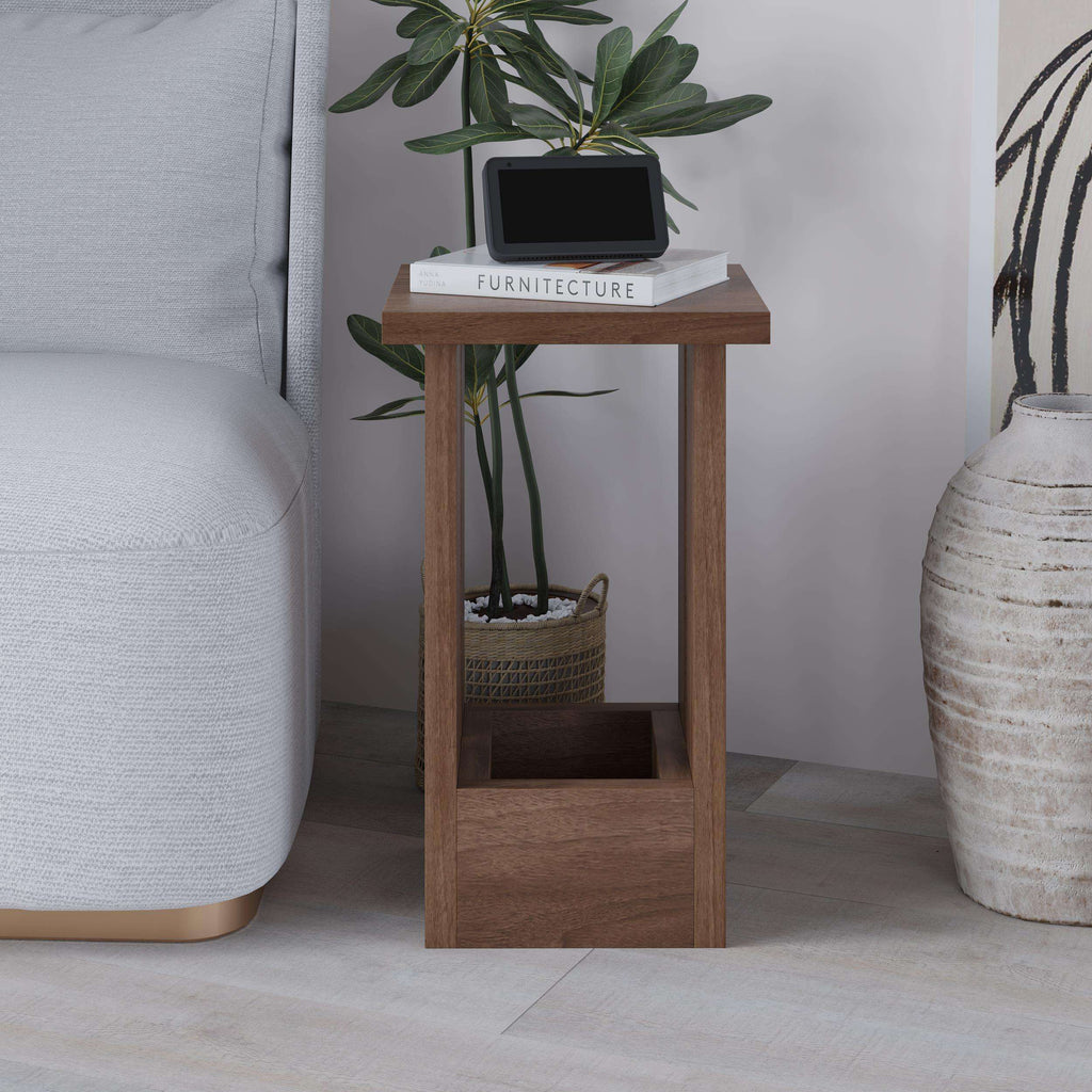 Compact wood side table with open lower shelf and solid front panel
