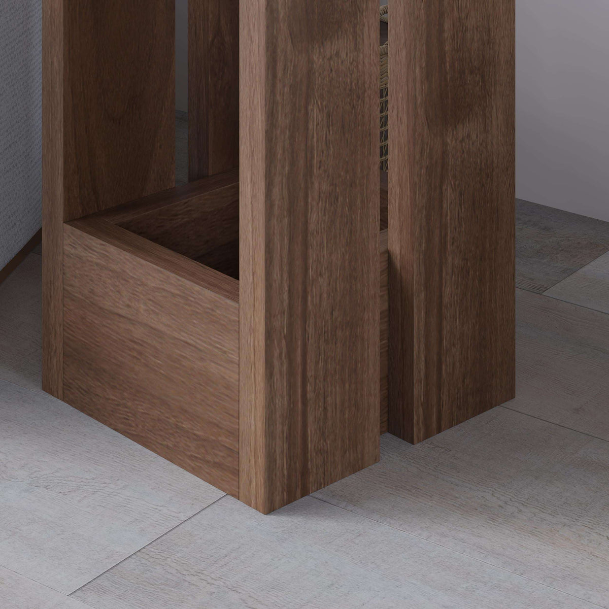 Wood side table corner with open lower shelf and vertical grain panels
