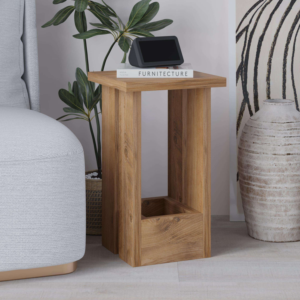 Modern wood side table front corner view with open lower shelf and drawer panel