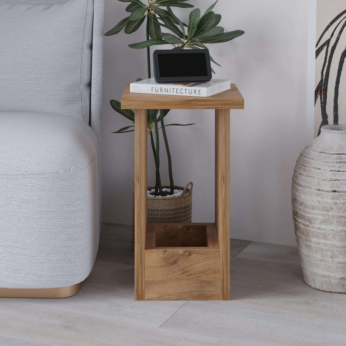 Modern wood side table front view with open lower shelf and drawer panel