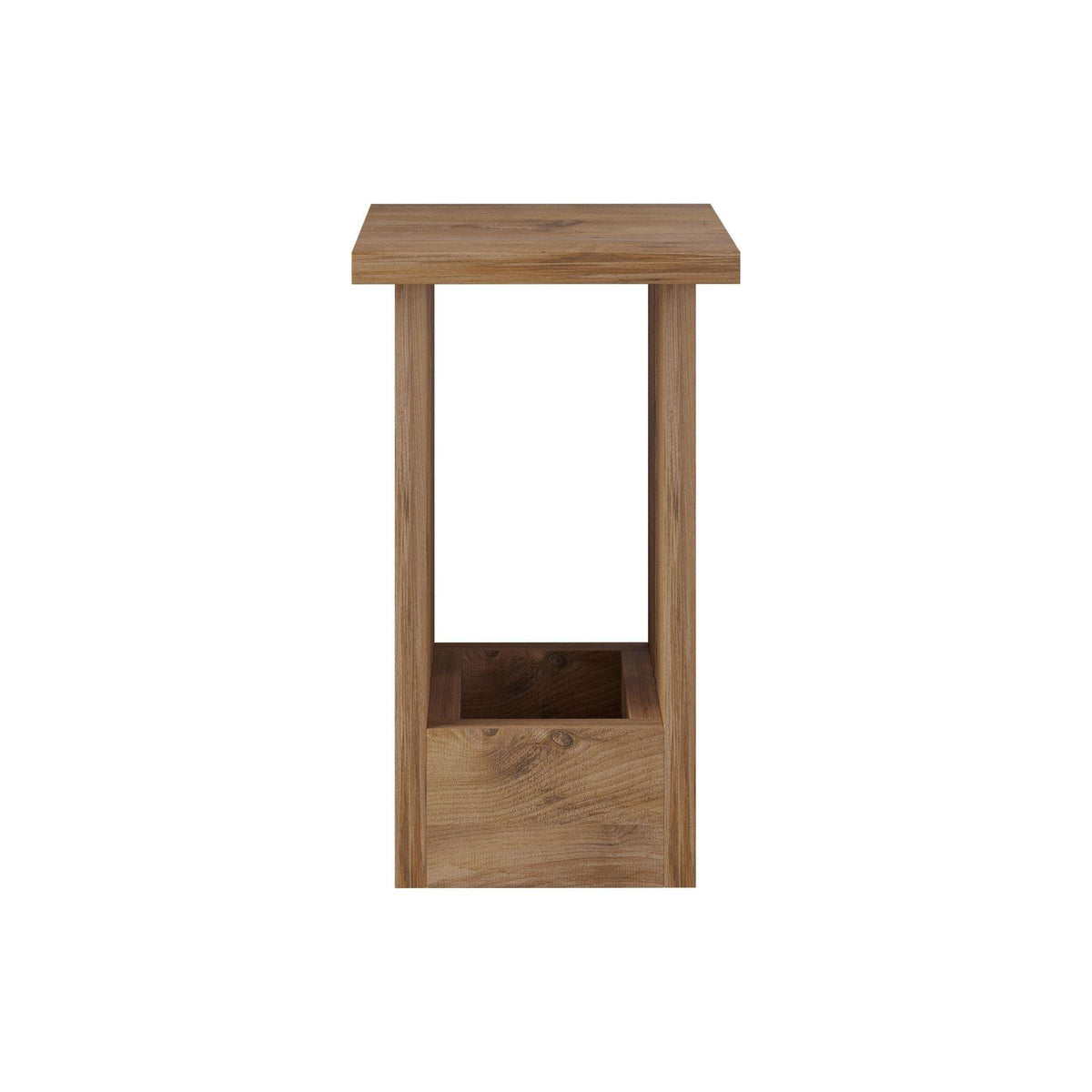 Light wood side table with open shelf and simple rectangular frame