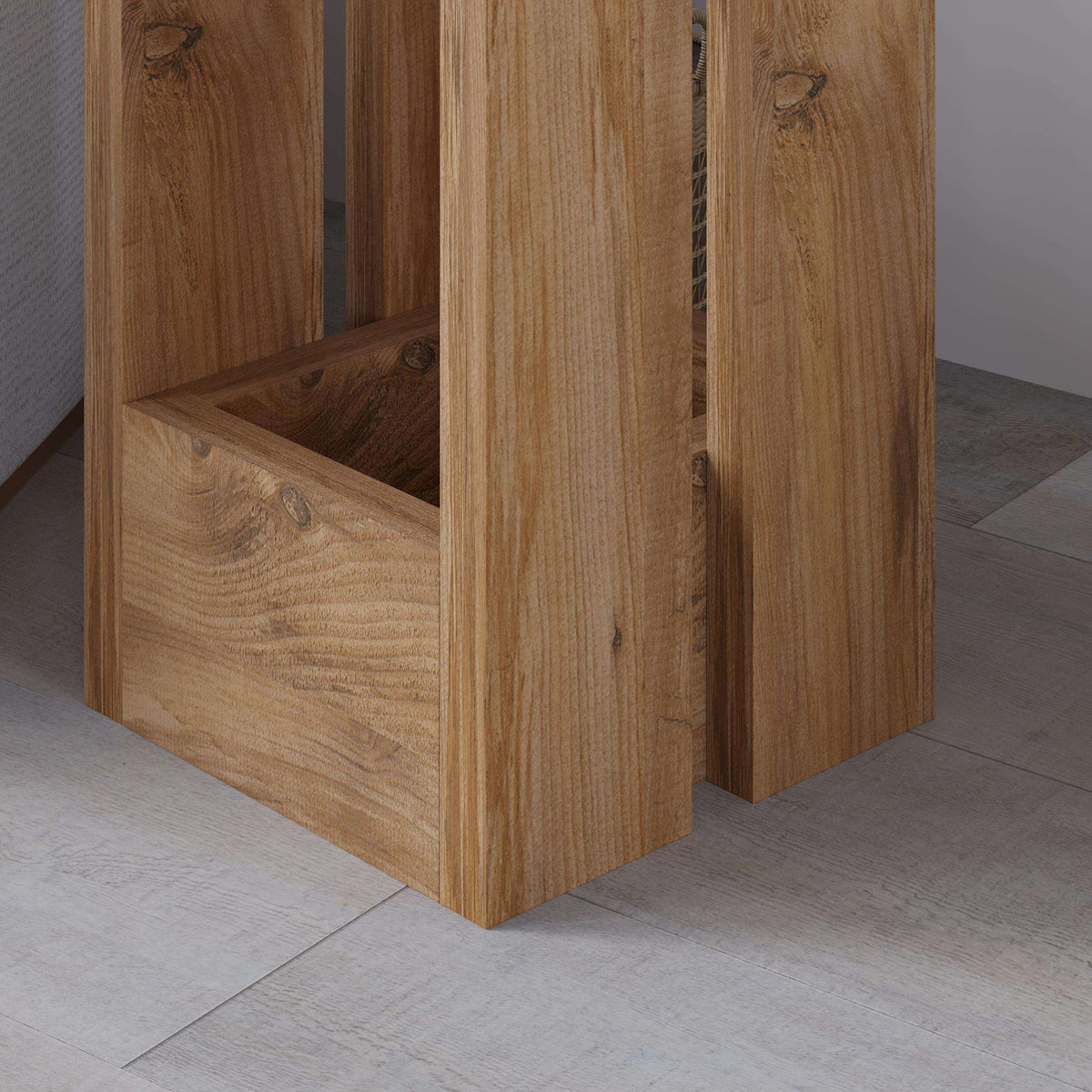Wood side table corner with open shelf and warm plank grain