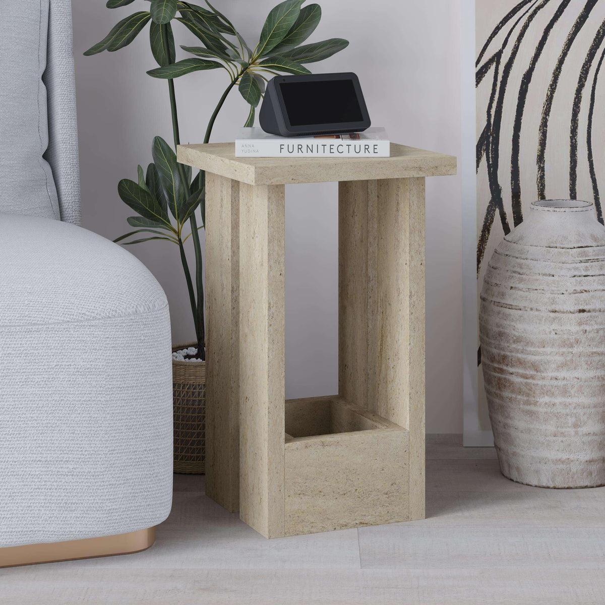 Compact light oak side table with top and open lower storage shelf